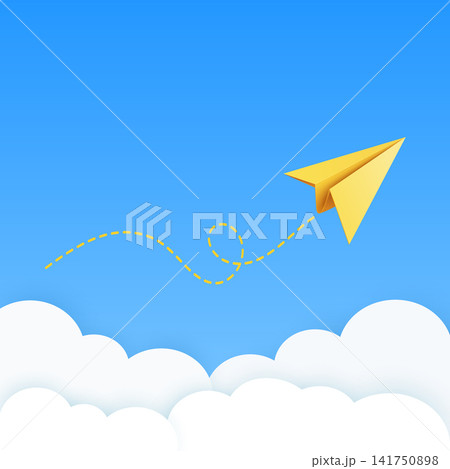 Yellow Paper Airplane Icon, Vector Illustration. Flying Paper Plane with Dotted Line Trail. Email, Message Symbol. 3d Yellow Paper Airplane on Square Blue Sky Background Yellow Paper Airplane Icon, Vector Illustration. Flying Paper Plane with Dotted Line Trail. Email, Message Symbol. 3d Yellow Paper Airplane on Square Blue Sky Background 141750898
