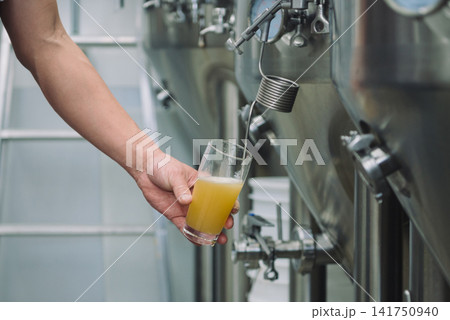 醸造タンクからグラスへ直接注がれるビール　クラフトビール醸造のサンプリングとテイスティング 141750940