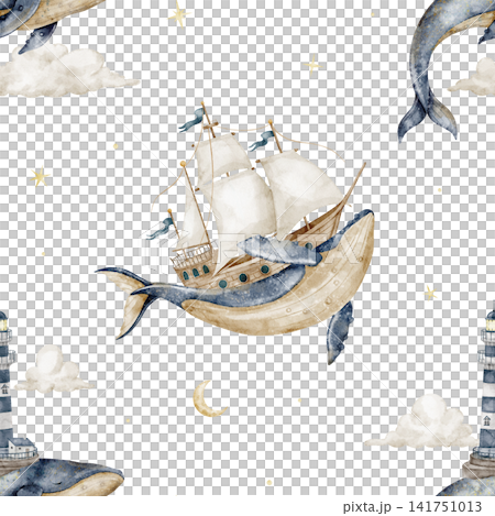 Whale seamless watercolor pattern with sailing ship and lighthouse on background. Nautical repeat with sailboat, stars and beacon for baby fabric, wallpaper, nursery textiles, wrapping paper. Whale seamless watercolor pattern with sailing ship and lighthouse on background. Nautical repeat with sailboat, stars and beacon for baby fabric, wallpaper, nursery textiles, wrapping paper. 141751013