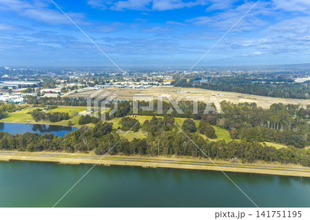 Aerial view of a large industrial construction site in Penrith Aerial view of a large industrial construction site in Penrith 141751195