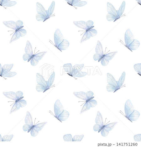 Seamless pattern with light blue watercolor butterflies on isolated background. Decorative wallpaper design with flying insects. Delicate art background for textile, wrapping paper, stationery print Seamless pattern with light blue watercolor butterflies on isolated background. Decorative wallpaper design with flying insects. Delicate art background for textile, wrapping paper, stationery print 141751260