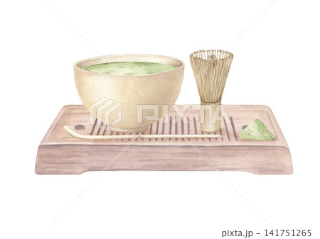 Watercolor matcha tea bowl with bamboo whisk and scoop on wooden tray isolated illustration. Traditional Japanese tea ceremony equipment. Organic green tea preparation and healthy drink concept. Watercolor matcha tea bowl with bamboo whisk and scoop on wooden tray isolated illustration. Traditional Japanese tea ceremony equipment. Organic green tea preparation and healthy drink concept. 141751265