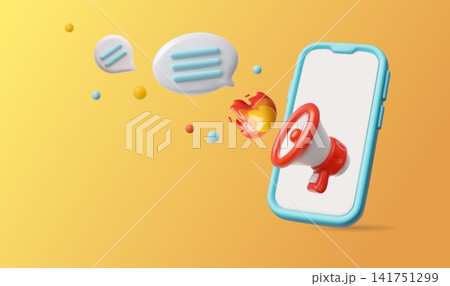 Mobile smartphone with megaphone, fire emoji and speech bubble 3D cartoon banner announcing, advertising vector design 141751299