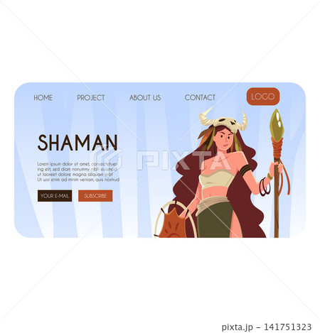 Shaman landing page vector design, woman tribal shaman with magic wand and an animal's skull with horns headgear Shaman landing page vector design, woman tribal shaman with magic wand and an animal's skull with horns headgear 141751323