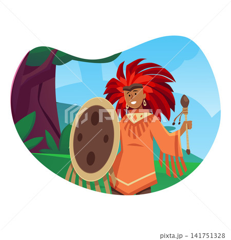 Shaman tribal vector illustration with headdress and shield Shaman tribal vector illustration with headdress and shield 141751328
