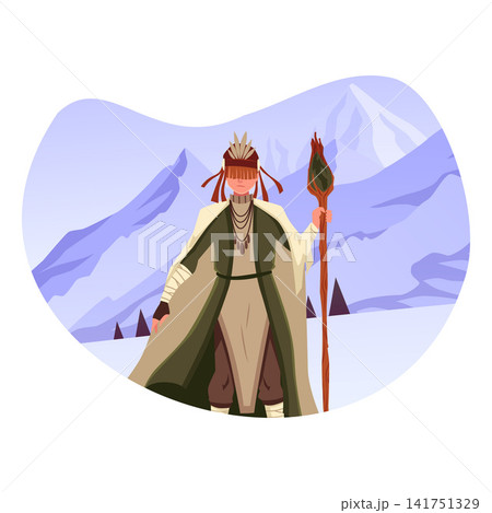 Tribal shaman with magic wand on winter mountains landscape, vector flat North native aborigine wizard character Tribal shaman with magic wand on winter mountains landscape, vector flat North native aborigine wizard character 141751329