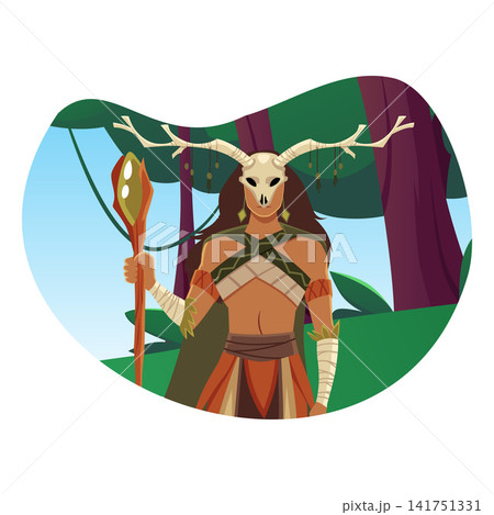 Tribal shaman with magic wand and an animal's skull with horns headgear, vector flat aborigine character in forest Tribal shaman with magic wand and an animal's skull with horns headgear, vector flat aborigine character in forest 141751331