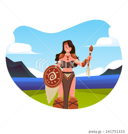 Woman tribal shaman with drum, tambourine on nature landscape, vector ancient civilization magician character indigenous Woman tribal shaman with drum, tambourine on nature landscape, vector ancient civilization magician character indigenous 141751333