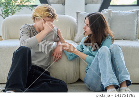 Young woman comforts upset boyfriend after conflict, sitting on living room floor 141751765
