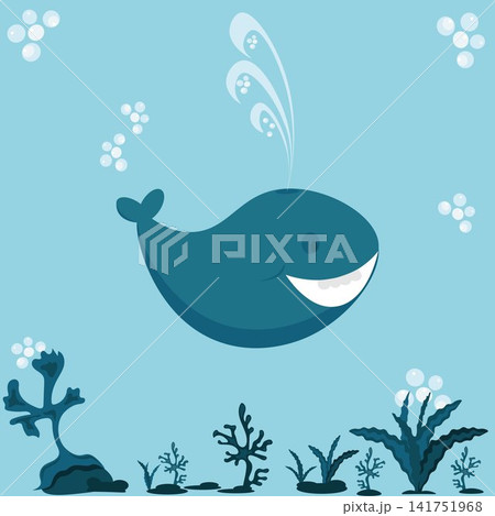Algae and a dark blue whale are swimming among the sea bubbles. Algae and a dark blue whale are swimming among the sea bubbles. 141751968