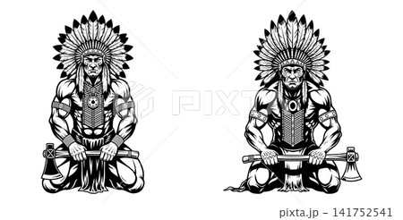 Monochrome vector illustration of a kneeling warrior with a traditional feathered headdress and sharp axe Monochrome vector illustration of a kneeling warrior with a traditional feathered headdress and sharp axe 141752541