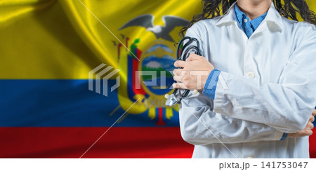 Healthcare professional with Ecuador flag background. Professional doctor holding stethoscope on Ecuador flag background Healthcare professional with Ecuador flag background. Professional doctor holding stethoscope on Ecuador flag background 141753047