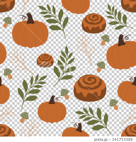 Autumn seamless pattern with pumpkins cinnamon rolls mushrooms and botanical leaves on black background Autumn seamless pattern with pumpkins cinnamon rolls mushrooms and botanical leaves on black background 141753389