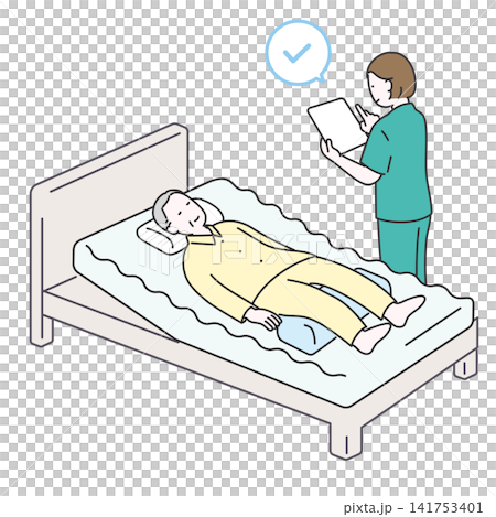 An illustrative image of a nurse checking the condition of an elderly person and recording their care. An illustrative image of a nurse checking the condition of an elderly person and recording their care. 141753401
