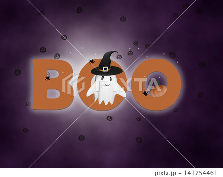 Cute Halloween ghost on foggy purple background Cute Halloween ghost on foggy purple background 141754461