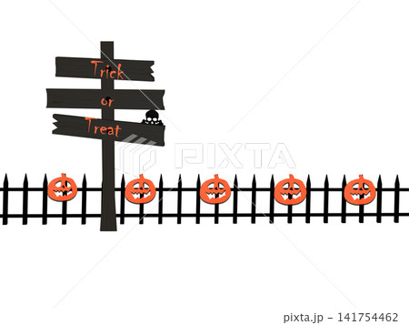 Trick or treat rickey old wooden signpost with Halloween carved pumpkins white background Trick or treat rickey old wooden signpost with Halloween carved pumpkins white background 141754462