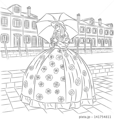 Woman in Traditional Carnival Costume with Umbrella in Burano, Venice, Italy Vector Illustration 141754811