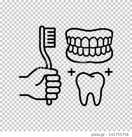 Minimalist line icon showing a hand holding a toothbrush beside dentures and teeth icons, representing senior oral hygiene, dental care, denture cleaning, and mouth health. Minimalist line icon showing a hand holding a toothbrush beside dentures and teeth icons, representing senior oral hygiene, dental care, denture cleaning, and mouth health. 141755756