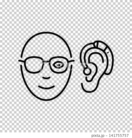 Minimalist line icon displaying a face profile with an eye patch or magnifying lens combined with a hearing aid behind the ear, representing senior vision and hearing care services. Minimalist line icon displaying a face profile with an eye patch or magnifying lens combined with a hearing aid behind the ear, representing senior vision and hearing care services. 141755757
