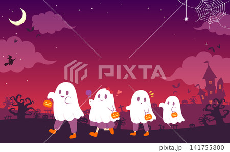 お化けになりきる子供たちのハロウィンフレーム3_横 お化けになりきる子供たちのハロウィンフレーム3_横 141755800