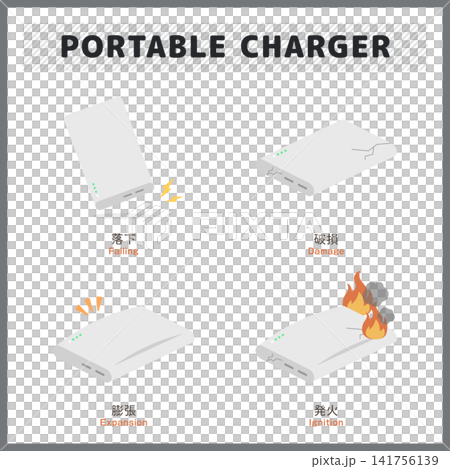 A set of disaster prevention vector illustrations illustrating the dangers of mobile batteries, including the risk of fire from dropping, damage, or swelling. A set of disaster prevention vector illustrations illustrating the dangers of mobile batteries, including the risk of fire from dropping, damage, or swelling. 141756139