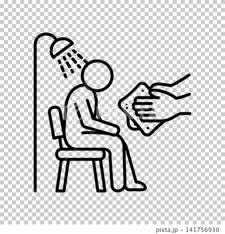 Minimalist line icon of an elderly person sitting under a shower receiving washing assistance from a caregiver, representing personal hygiene care, dignity, and bathroom safety. Minimalist line icon of an elderly person sitting under a shower receiving washing assistance from a caregiver, representing personal hygiene care, dignity, and bathroom safety. 141756930