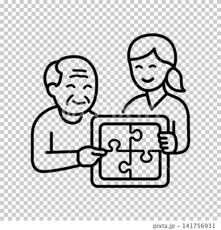 Minimalist line icon showing a caregiver and a senior citizen solving a puzzle together, representing dementia support, memory exercises, cognitive brain therapy, and social care. 141756931
