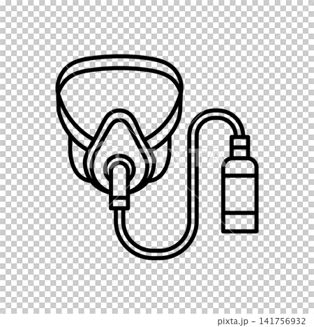 Minimalist line icon featuring an oxygen mask connected to a medical oxygen tank, representing breathing support, respiratory therapy, CPAP treatment, and pulmonary care for seniors. Minimalist line icon featuring an oxygen mask connected to a medical oxygen tank, representing breathing support, respiratory therapy, CPAP treatment, and pulmonary care for seniors. 141756932