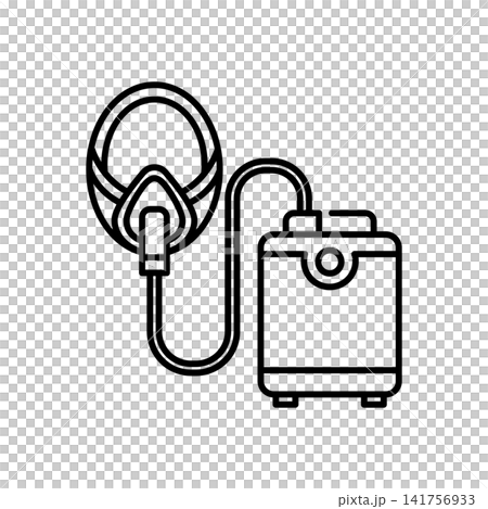Minimalist line icon showing a portable sleep therapy device connected to a mask, illustrating sleep apnea monitoring, night care, and rest quality management for senior health. Minimalist line icon showing a portable sleep therapy device connected to a mask, illustrating sleep apnea monitoring, night care, and rest quality management for senior health. 141756933
