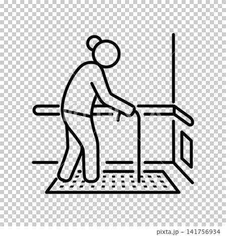 Minimalist line icon showing an elderly person walking carefully using a handrail inside a bathroom with anti-slip mat, representing home safety modifications and fall prevention. Minimalist line icon showing an elderly person walking carefully using a handrail inside a bathroom with anti-slip mat, representing home safety modifications and fall prevention. 141756934