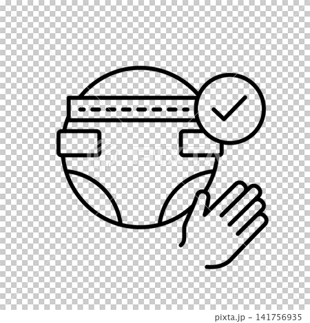 Minimalist line icon displaying an adult protective diaper with a checkmark and supporting hand, representing professional incontinence care management, comfort, and hygiene dignity. Minimalist line icon displaying an adult protective diaper with a checkmark and supporting hand, representing professional incontinence care management, comfort, and hygiene dignity. 141756935