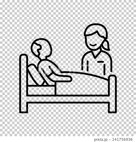 Minimalist line icon depicting a bedridden senior patient with a thermometer being attended by a nurse, representing post-surgical recovery, bedside care, and inpatient monitoring. Minimalist line icon depicting a bedridden senior patient with a thermometer being attended by a nurse, representing post-surgical recovery, bedside care, and inpatient monitoring. 141756936