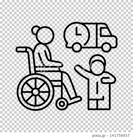 Minimalist line icon showing a senior in a wheelchair accompanied by a medical escort next to a transport van, representing medical escort services and handicap accessible transportation. Minimalist line icon showing a senior in a wheelchair accompanied by a medical escort next to a transport van, representing medical escort services and handicap accessible transportation. 141756937