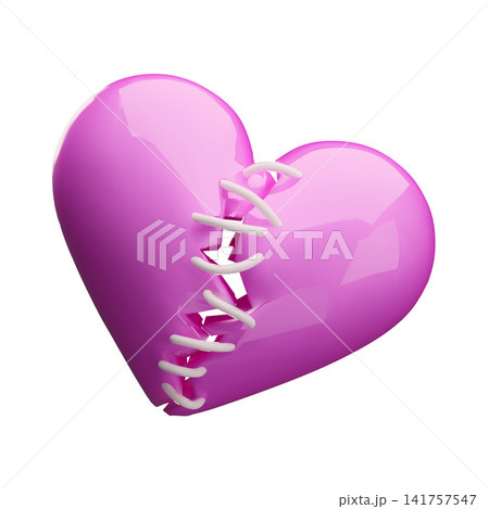Glossy broken heart 3D vector element with stitched crack 141757547