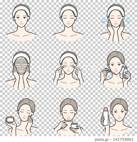 一組描繪女性使用保養品的插圖。 141758001