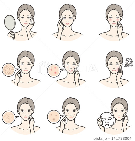 女性の肌悩みと肌トラブルのイラストセット 女性の肌悩みと肌トラブルのイラストセット 141758004