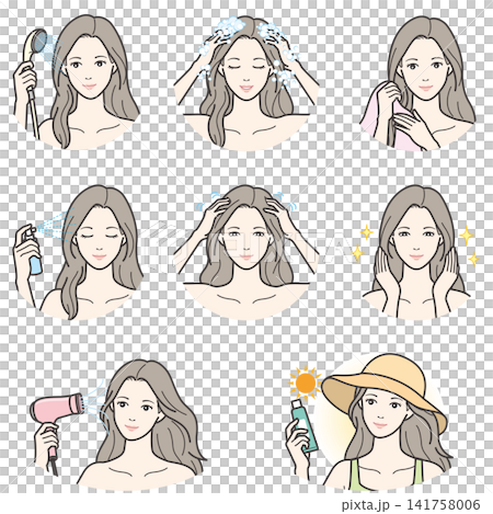 一組描繪女性洗頭和進行頭髮護理的插圖。 141758006