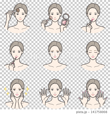 一組描繪女性化妝和塗指甲油的插圖。 一組描繪女性化妝和塗指甲油的插圖。 141758008