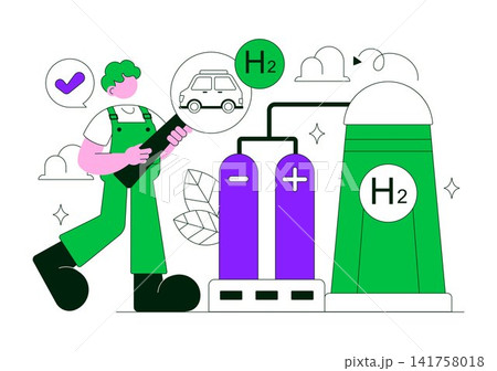 Green Hydrogen Energy Vector Illustration Featuring Renewable Fuel Technology, Clean Power Generation, Sustainable Mobility, and Hydrogen Storage Green Hydrogen Energy Vector Illustration Featuring Renewable Fuel Technology, Clean Power Generation, Sustainable Mobility, and Hydrogen Storage 141758018