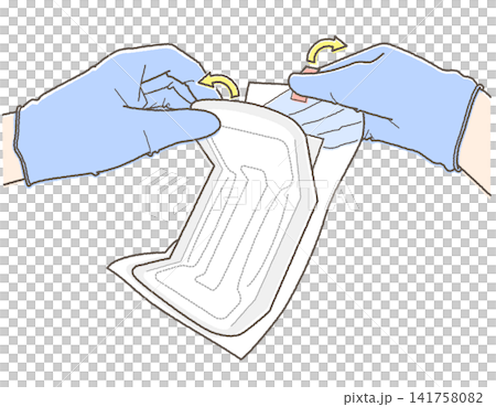 An illustration showing how to remove the outer wrapper from a sanitary napkin while wearing gloves (hand-drawn style lines, pastel colors). An illustration showing how to remove the outer wrapper from a sanitary napkin while wearing gloves (hand-drawn style lines, pastel colors). 141758082