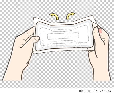 素手で生理用ナプキンをひろげるイメージ図(手描き風線・パステルカラー) 素手で生理用ナプキンをひろげるイメージ図(手描き風線・パステルカラー) 141758083