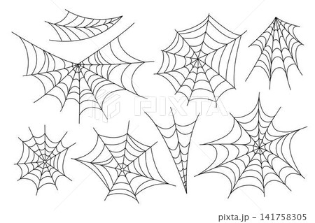 Spider webs set simple hand drawn outline illustration of doodle fancy Halloween traditional scary decor elements, clipart perfect for Halloween party design, cartoon cute insect spooky character Spider webs set simple hand drawn outline illustration of doodle fancy Halloween traditional scary decor elements, clipart perfect for Halloween party design, cartoon cute insect spooky character 141758305