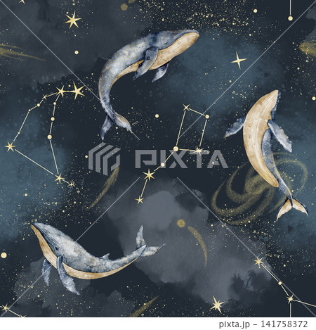 Whale seamless watercolor pattern with stars and sky on dark blue background. Celestial ocean repeat with animals and constellations for fabric, wallpaper, nursery textiles and wrapping. Baby backdrop Whale seamless watercolor pattern with stars and sky on dark blue background. Celestial ocean repeat with animals and constellations for fabric, wallpaper, nursery textiles and wrapping. Baby backdrop 141758372