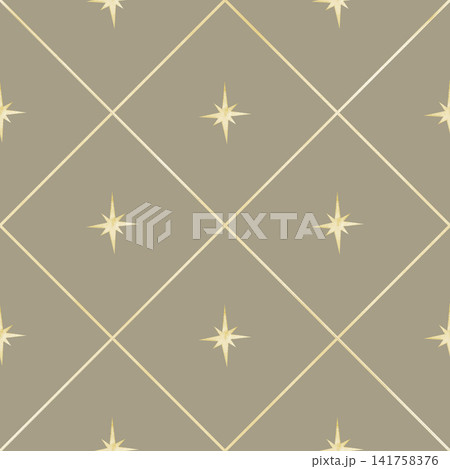 Star seamless watercolor pattern on beige or brown background. Minimal celestial repeat with diamond shape in golden colors for fabric, wallpaper, nursery textiles and wrapping paper. Childish design. 141758376