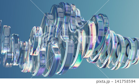 Abstract Transparent Glass Rings with Iridescent Reflections on Blue Background Abstract Transparent Glass Rings with Iridescent Reflections on Blue Background 141758594