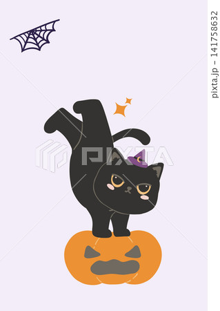 Halloween Gift Tag Black Cat Handstand on Jack O Lantern with Witch Hat and Copy Space 141758632
