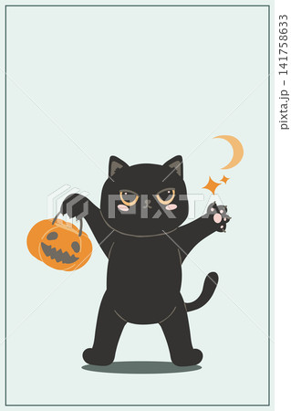 Halloween Gift Tag Cute Black Cat with Pumpkin Trick or Treat Bucket and Copy Space Halloween Gift Tag Cute Black Cat with Pumpkin Trick or Treat Bucket and Copy Space 141758633