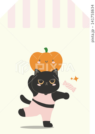 Halloween Gift Tag Cute Black Cat Yoga Exercise Workout with Pumpkin Candy and Copy Space 141758634