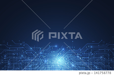 Abstract digital network concept. Futuristic blue technology background with circuit board pattern and glowing data particles. Abstract digital network concept. Futuristic blue technology background with circuit board pattern and glowing data particles. 141758778
