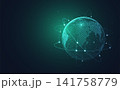 Abstract futuristic global network connection background. Digital cyan glowing earth globe with plexus lines and data dots vector illustration. 141758779